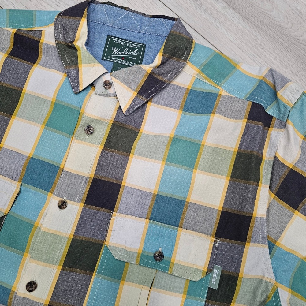 Woolrich Mens XXL 2XL Plaid Button‎ Down Shirt Short Sleeve Aqua Brown Cream